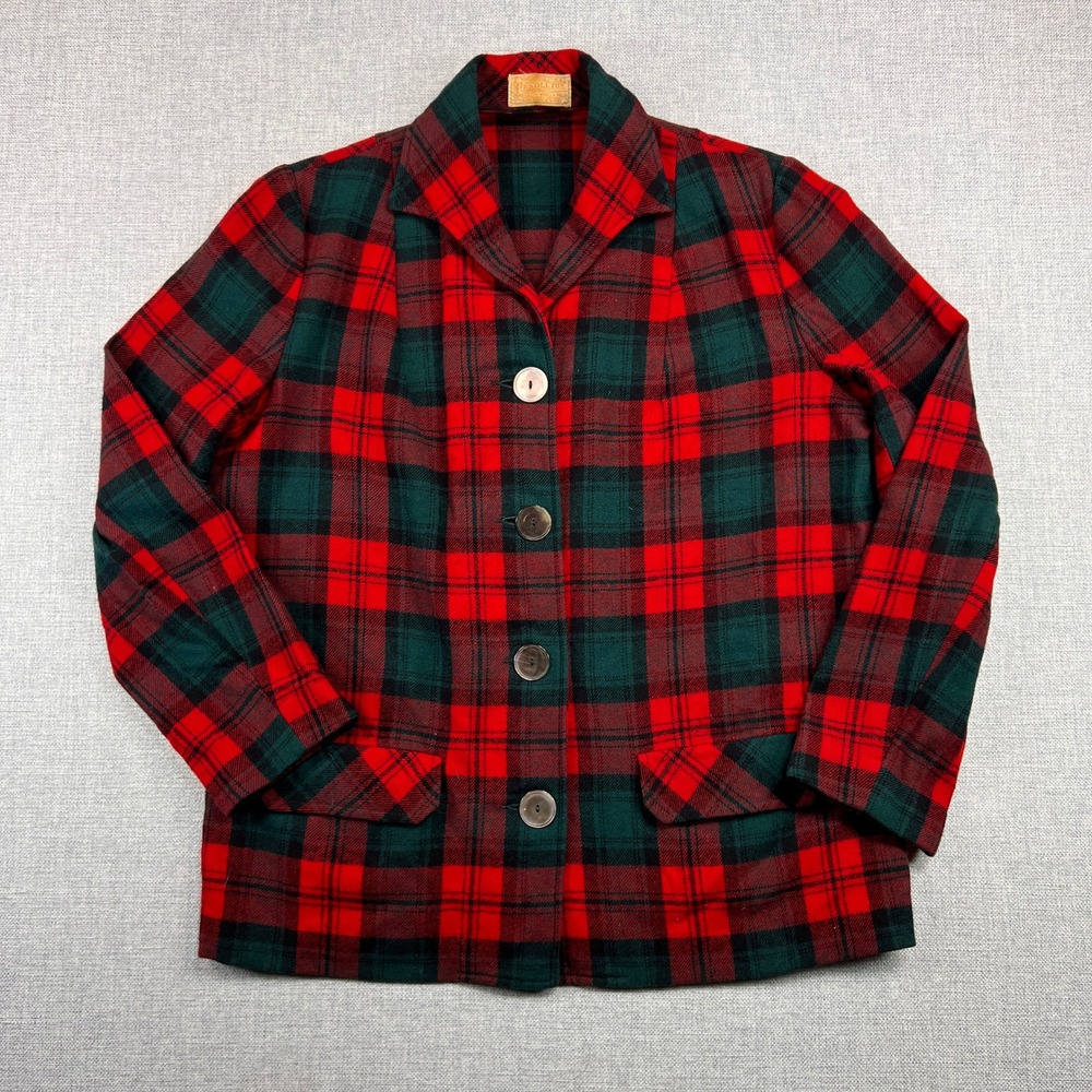 VTG 60s Pendleton 49er Wool Plaid Jacket Women Large Red Green Heritage Cabin